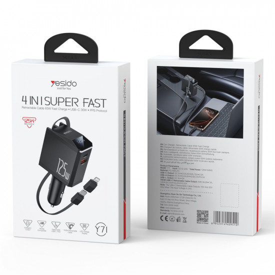 Yesido 4in1 Car Charger (Y71) with Type C Retractable Cable + Lightning Adapter, Dual Port USB A + Type C, 125W, LED Display Black