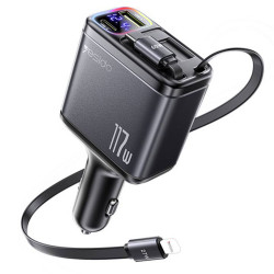 Yesido 4in1 Car Charger (Y63) with 2x Retractable Cable, LED Ambient Light, Fast Charging, 117W Grey