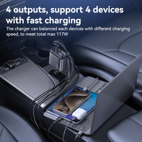 Yesido 4in1 Car Charger (Y63) with 2x Retractable Cable, LED Ambient Light, Fast Charging, 117W Grey