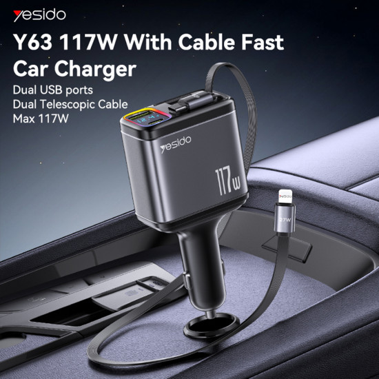 Yesido 4in1 Car Charger (Y63) with 2x Retractable Cable, LED Ambient Light, Fast Charging, 117W Grey
