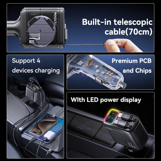 Yesido 4in1 Car Charger (Y63) with 2x Retractable Cable, LED Ambient Light, Fast Charging, 117W Grey