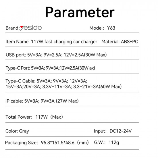 Yesido 4in1 Car Charger (Y63) with 2x Retractable Cable, LED Ambient Light, Fast Charging, 117W Grey