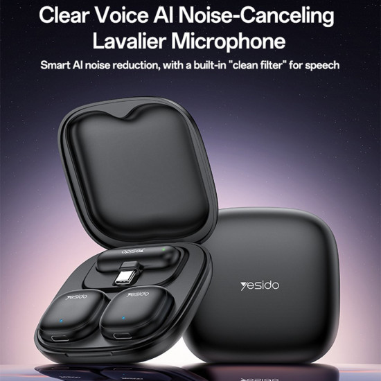 Yesido (2 pack) Wireless Lavalier Microphones (KR21) 3in1 Receiver, Type C, AI Noise Reduction, 98dB SNR, 2.4GHz Black