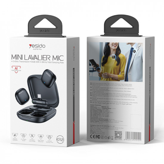 Yesido (2 pack) Wireless Lavalier Microphones (KR21) 3in1 Receiver, Type C, AI Noise Reduction, 98dB SNR, 2.4GHz Black