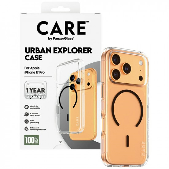 Case CARE by PanzerGlass Flagship Urban Explorer w. Black MagSafe for iPhone 17 Pro transparent