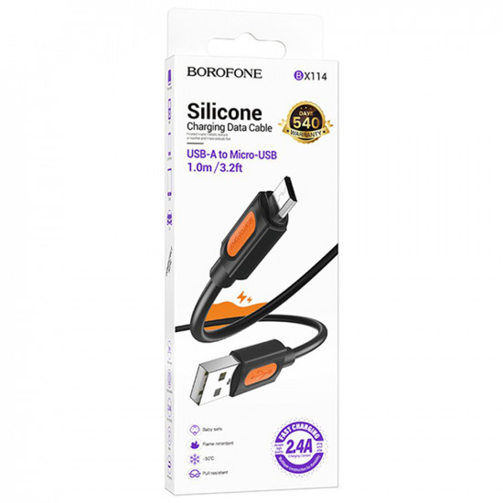 Borofone Data Cable Silicone Series (BX114) USB to Micro USB, Silicone, 2.4A, 1m Black