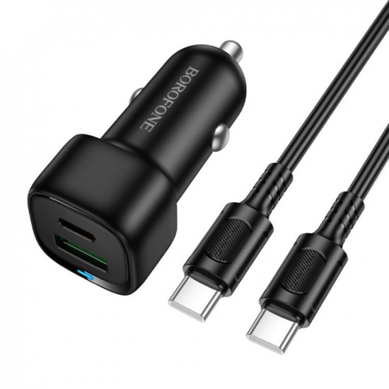 Borofone Car Charger Cloud (BZ34B) Type C Cable Included, Type C + USB A, PD20W, QC3.0, Dual Port, 38W, ABS Black