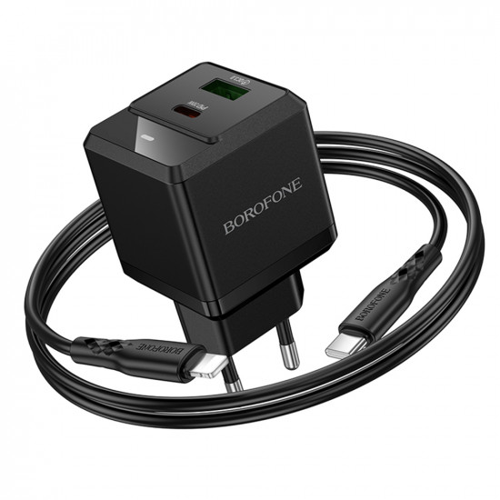 Borofone Wall Charger Intenso (BN19) Type C to Lightning Cable Included, Dual Port, USB, Type C, PD20W, QC3.0, 3A Black