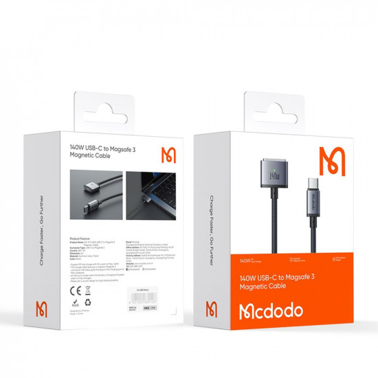Mcdodo Magnetic Cable (CA 1470) USB C to MagSafe 3, 140W, LED Indicator, 2m Black Mcdodo Magnetic Cable (CA 1470) USB C to MagSafe 3, 140W, LED Indicator, 2m Black