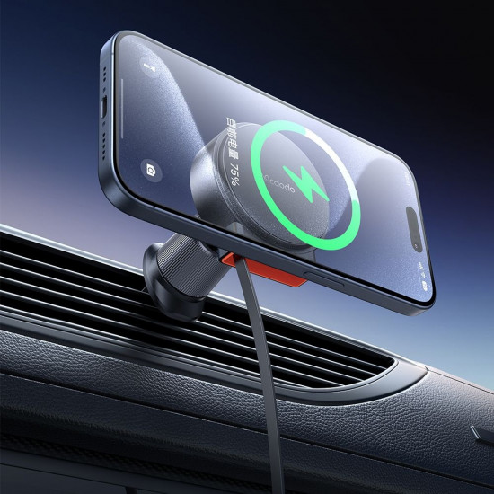 Mcdodo Car Holder with Wireless Charging (CH 3000) for Air Vent, 15W, Dual Magnetic Coils, Built in Retractable Cable Black