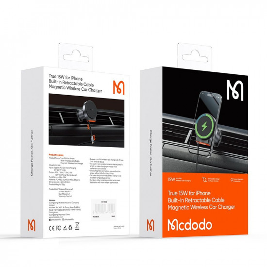 Mcdodo Car Holder with Wireless Charging (CH 3000) for Air Vent, 15W, Dual Magnetic Coils, Built in Retractable Cable Black