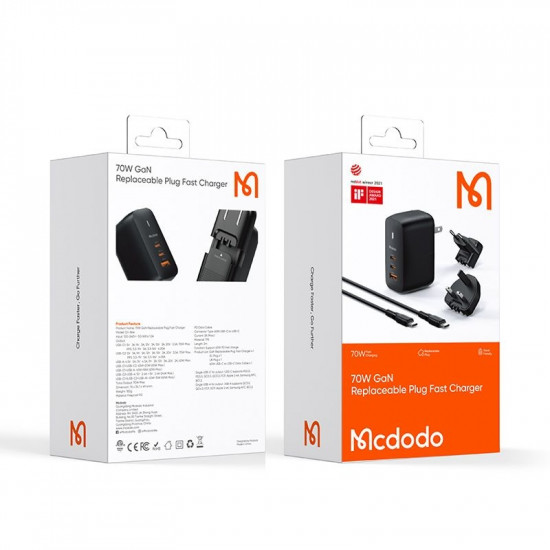 Mcdodo Travel Adapter Mecha Series (CH 8442) Cable Included, UK/US/EU Plugs, 65W, 2x Type C, USB A Black