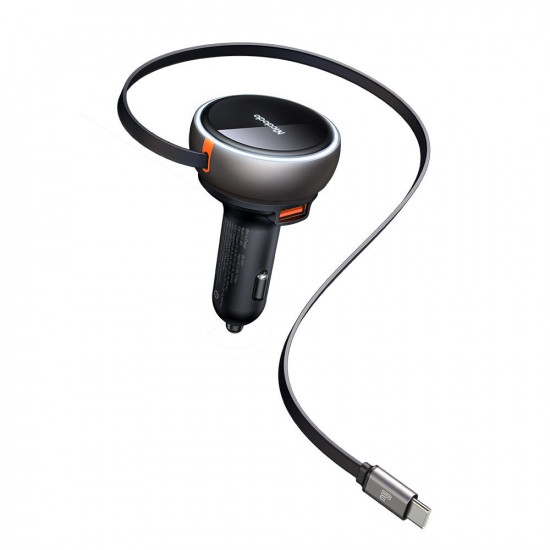 Mcdodo Car Charger (CC 4850) with USB C Retractable Cable, 80W, Dual Port, Indicator Light Ring, 80cm Black