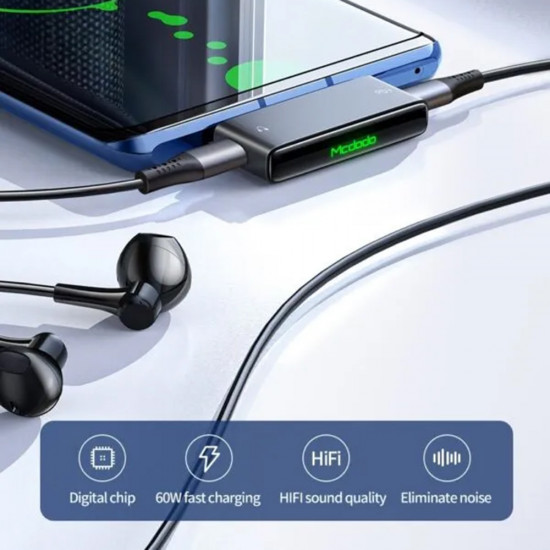 Mcdodo Audio Adapter (CA 7670) Type C to 2x Type C, PD60W Fast charge, Hi Res, DAC chip, Suport Call Function Black