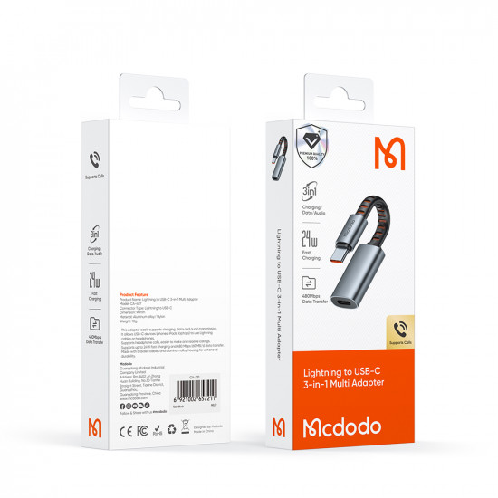 Mcdodo Audio Adapter (CA 4870) Lightning to Type C, 2A, 24W, 480Mbps, OTG, Support Fast Charge, Call Function, 0.1m Gray Mcdodo Audio Adapter (CA 4870) Lightning to Type C, 2A, 24W, 480Mbps, OTG, Support Fast Charge, Call Function, 0.1m Gray
