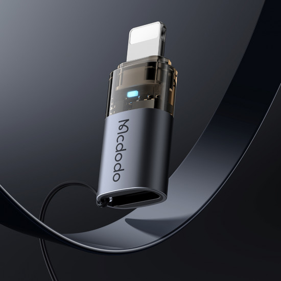 Mcdodo OTG Adapter (OT 7630) USB C to Lightning, Aluminium Alloy, Charging & Data Sync, 36W, Blue Light, Lanyard Black
