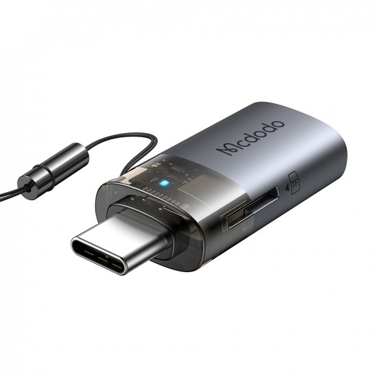 Mcdodo OTG Adapter 2in1 (OT 7600) USB to USB C, Built in Card Reader, Charging & Data, 5Gbps, Blue Light, Lanyard Black