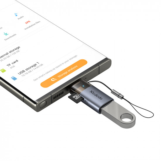Mcdodo OTG Adapter 2in1 (OT 7600) USB to USB C, Built in Card Reader, Charging & Data, 5Gbps, Blue Light, Lanyard Black