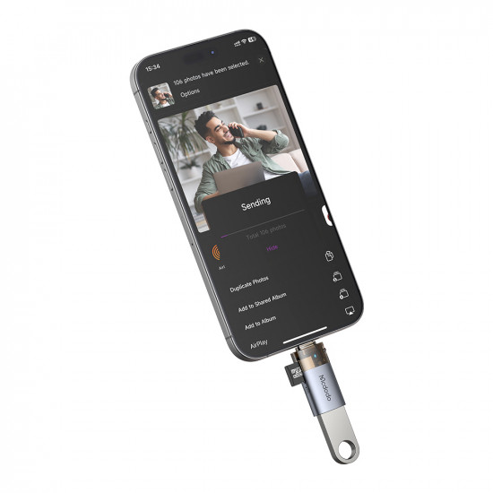 Mcdodo OTG Adapter 2in1 (OT 7600) USB to USB C, Built in Card Reader, Charging & Data, 5Gbps, Blue Light, Lanyard Black