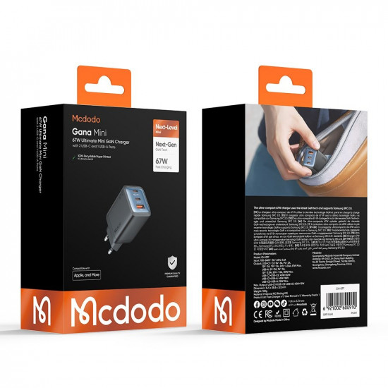 Mcdodo Wall Charger Gana Mini Series (CH 0970) 2x USB C, 1x USB A, 67W, GaN Technology Black