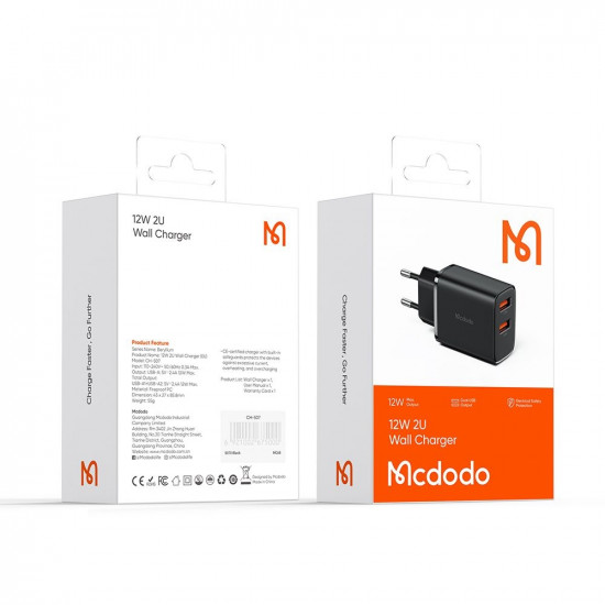 Mcdodo Wall Charger Beryllium Series (CH 5070) 2x USB A. 12W, 2A, Fireproof PC Black