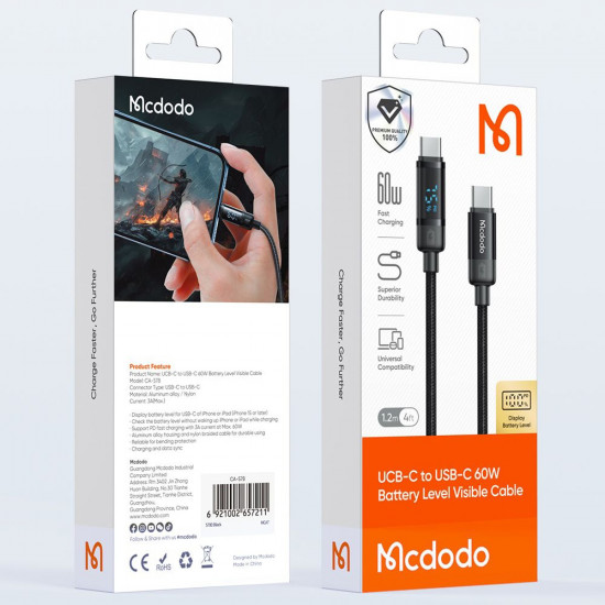 Mcdodo Data Cable BAT Series (CA 5780) USB C to USB C, 60W, Digital Display, 1.2m Black Mcdodo Data Cable BAT Series (CA 5780) USB C to USB C, 60W, Digital Display, 1.2m Black