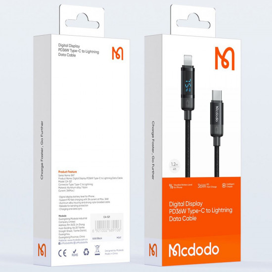 Mcdodo Data Cable BAT Series (CA 5210) USB C to Lightning, 36W, Digital Display, 1.2m Black Mcdodo Data Cable BAT Series (CA 5210) USB C to Lightning, 36W, Digital Display, 1.2m Black