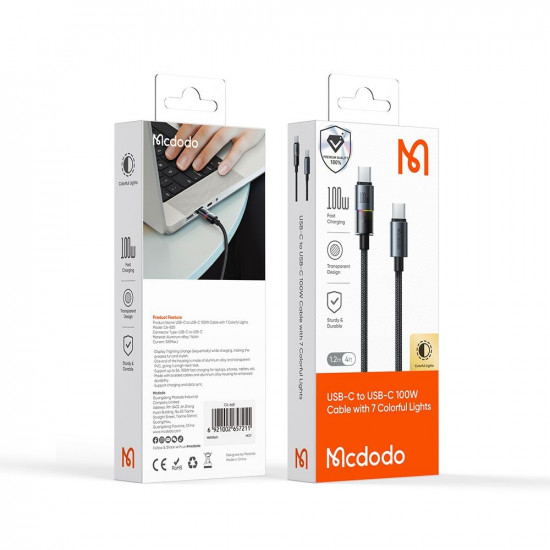 Mcdodo Data Cable (CA 8200) with 7 Colorful Lights, USB C to USB C, 100W, 5A, 1.2m Black