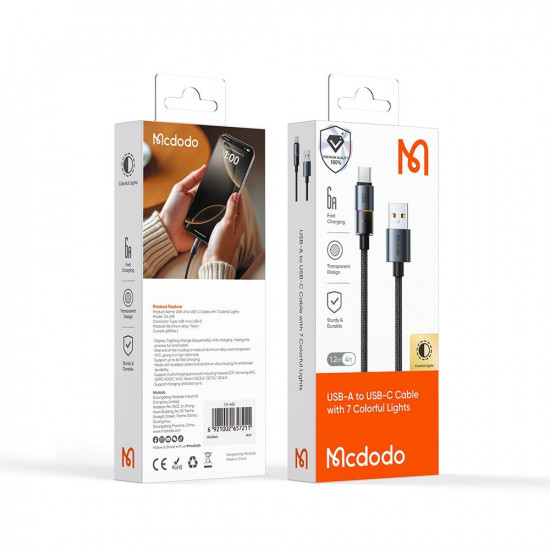 Mcdodo Data Cable (CA 8180) with 7 Colorful Lights, USB A to USB C, 6A, 1.2m Black