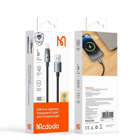 Mcdodo Data Cable (CA 6891) with Charging Light, USB C to USB A, Transparent Cable, 6A, 1.2m Desert Gold