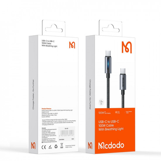 Mcdodo Data Cable (CA 5740) with Breathing Light, USB C to USB C, 100W, 5A, 1.2m Black Mcdodo Data Cable (CA 5740) with Breathing Light, USB C to USB C, 100W, 5A, 1.2m Black
