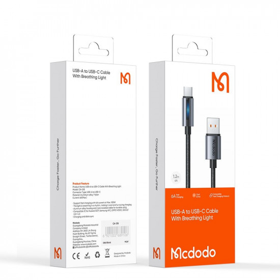 Mcdodo Data Cable (CA 5180) with Breathing Light, USB A to USB C, 100W, 6A, 1.2m Black