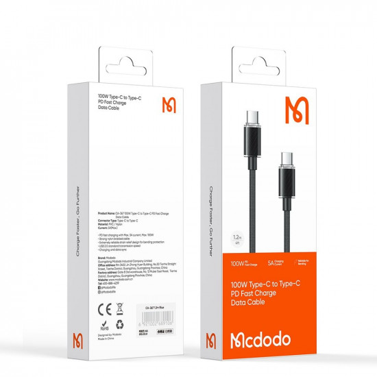 Mcdodo Data Cable (CA 3670) Type C to Type C, Transparent Design, 100W, 5A, 1.2m Black