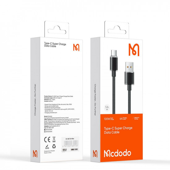 Mcdodo Data Cable (CA 3650) Type C to USB A, Transparent Design, 100W, 1.2m Black