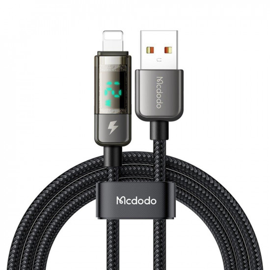 Mcdodo Data Cable (CA 3620) USB A to Lightning, 3A, Digital Display, Auto Power Off, Transparent Design, 1.2m Black