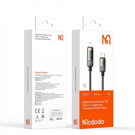 Mcdodo Data Cable (CA 3600) Type C to Lightning, 36W, Digital Display, Auto Power Off, Transparent Design, 1.2m Black Mcdodo Data Cable (CA 3600) Type C to Lightning, 36W, Digital Display, Auto Power Off, Transparent Design, 1.2m Black