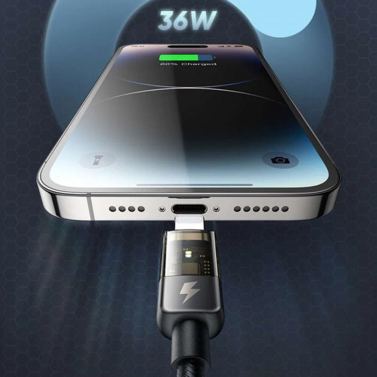 Mcdodo Data Cable (CA 3160) Type C to Lightning, 36W, Transparent Design, Auto Power Off, 1.2m Black Mcdodo Data Cable (CA 3160) Type C to Lightning, 36W, Transparent Design, Auto Power Off, 1.2m Black