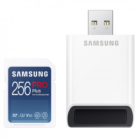 Samsung Memory Card PRO Plus + Reader Full Size (MB SD256KB/WW) SDXC, 256GB, UHS I, U3, V30, A2, 160MB/s Blue/White