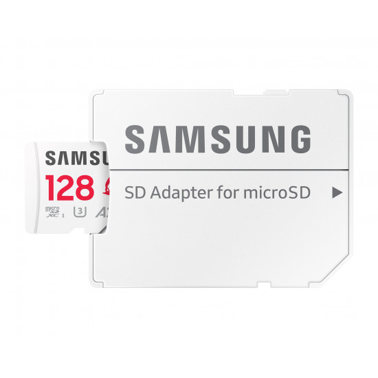 Samsung Memory Card PRO Plus SONIC (MB MD128SA/LC1) MicroSDXC, Adapter SD, 128GB, UHS I, U3, V30, A2, 180MB/s Red/White