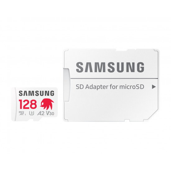 Samsung Memory Card PRO Plus SONIC (MB MD128SA/LC1) MicroSDXC, Adapter SD, 128GB, UHS I, U3, V30, A2, 180MB/s Red/White