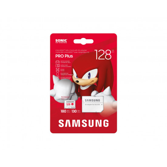 Samsung Memory Card PRO Plus SONIC (MB MD128SA/LC1) MicroSDXC, Adapter SD, 128GB, UHS I, U3, V30, A2, 180MB/s Red/White