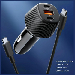 Car charger Spigen Essential EV1133 113W 2xUSB-C/USB-A + USB-C/USB-C cable black