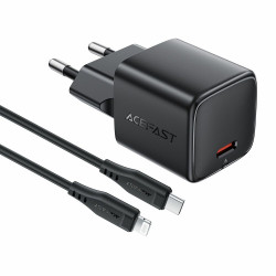Acefast Wall Charger (A118) GaN Technology, Fast Charge, PD30W, Mini Design, with Type C to Lightning Cable, 1.2m Black