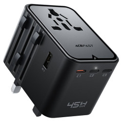 Acefast Travel Adapter (Z8) 3x USB C, 2x USB, EU, UK, AUS, US, 45W, GaN Technology, Fast Charging Black