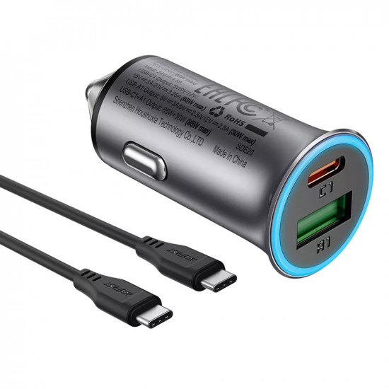 Acefast Car Charger (B16) Fast Charge, USB, Type C, 95W, PD3.0, with Type C Cable, 1.2m, Aluminium Alloy Metal Gray