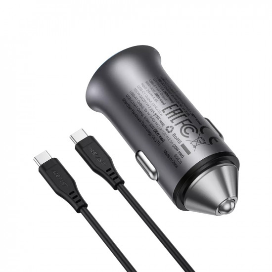 Acefast Car Charger (B16) Fast Charge, USB, Type C, 95W, PD3.0, with Type C Cable, 1.2m, Aluminium Alloy Metal Gray