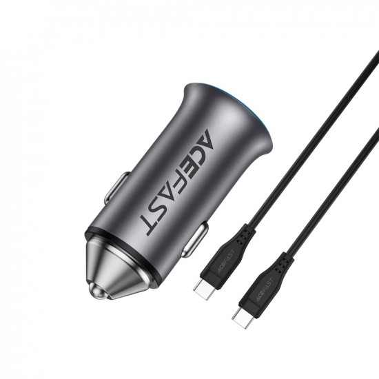 Acefast Car Charger (B16) Fast Charge, USB, Type C, 95W, PD3.0, with Type C Cable, 1.2m, Aluminium Alloy Metal Gray