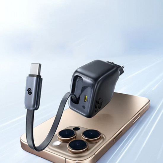 Baseus Wall Charger EnerCore CJ11 (E0120G00) GaN, Fast Charge, USB C, with Retractable Type C Cable, 45W Cosmic Black