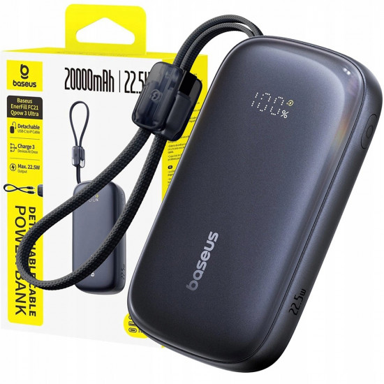 Baseus Power Bank EnerFill FC21 Qpow 3 Ultra (E0027M00) with Detachable Cable, 20000mAh, 22.5W, USB, USB C Cosmic Black Baseus Power Bank EnerFill FC21 Qpow 3 Ultra (E0027M00) with Detachable Cable, 20000mAh, 22.5W, USB, USB C Cosmic Black