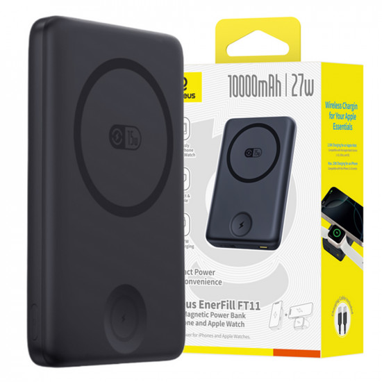 Baseus Magnetic Power Bank EnerFill FT11 (P1008210G123 00) Type C Cable Included, for iWatch/Phone, 10000mAh, 27W Cosmic Black
